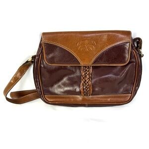 Vintage 1970s shoulder bag mixed brown tones, braided detail, retro bohemian